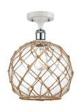 516-1C-WPC-G122-10RB 1-Light 10" White and Polished Chrome Semi-Flush Mount - Clear Large Farmhouse Glass with Brown Rope Glass - LED Bulb - Dimmensions: 10 x 10 x 15 - Sloped Ceiling Compatible: No
