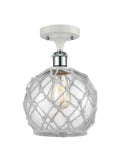516-1C-WPC-G122-8RW 1-Light 8" White and Polished Chrome Semi-Flush Mount - Clear Farmhouse Glass with White Rope Glass - LED Bulb - Dimmensions: 8 x 8 x 13 - Sloped Ceiling Compatible: No
