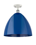 516-1C-WPC-MBD-16-BL 1-Light 16" White and Polished Chrome Semi-Flush Mount - Blue Plymouth Dome Shade - LED Bulb - Dimmensions: 16 x 16 x 18.75 - Sloped Ceiling Compatible: No