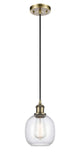 516-1P-AB-G104 Cord Hung 6" Antique Brass Mini Pendant - Seedy Belfast Glass - LED Bulb - Dimmensions: 6 x 6 x 9<br>Minimum Height : 12.75<br>Maximum Height : 130.75 - Sloped Ceiling Compatible: Yes