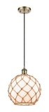 Cord Hung 10" Antique Brass Mini Pendant - White Large Farmhouse Glass with Brown Rope Glass LED