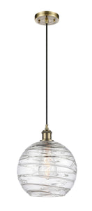 Cord Hung 10" Antique Brass Mini Pendant - Clear Athens Deco Swirl 8" Glass LED