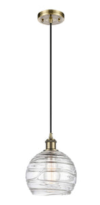 516-1P-AB-G1213-8 Cord Hung 8" Antique Brass Mini Pendant - Clear Athens Deco Swirl 8" Glass - LED Bulb - Dimmensions: 8 x 8 x 10<br>Minimum Height : 13.75<br>Maximum Height : 131.75 - Sloped Ceiling Compatible: Yes