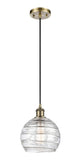 516-1P-AB-G1213-8 Cord Hung 8" Antique Brass Mini Pendant - Clear Athens Deco Swirl 8" Glass - LED Bulb - Dimmensions: 8 x 8 x 10<br>Minimum Height : 13.75<br>Maximum Height : 131.75 - Sloped Ceiling Compatible: Yes