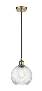 Cord Hung 8" Antique Brass Mini Pendant - Clear Athens Twisted Swirl 8" Glass LED