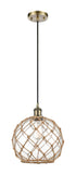 Cord Hung 10" Antique Brass Mini Pendant - Clear Large Farmhouse Glass with Brown Rope Glass LED