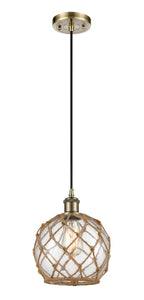 Cord Hung 8" Antique Brass Mini Pendant - Clear Farmhouse Glass with Brown Rope Glass LED
