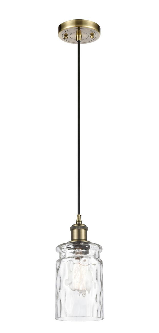 516-1P-AB-G352 Cord Hung 4.75" Antique Brass Mini Pendant - Clear Waterglass Candor Glass - LED Bulb - Dimmensions: 4.75 x 4.75 x 9.5<br>Minimum Height : 13.75<br>Maximum Height : 131.75 - Sloped Ceiling Compatible: Yes