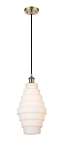 Cord Hung 8.25" Antique Brass Mini Pendant - White Cascade Glass - LED Bulb