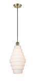 Cord Hung 8.25" Antique Brass Mini Pendant - White Cascade Glass - LED Bulb