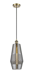516-1P-AB-G683-7 Cord Hung 7" Antique Brass Mini Pendant - Smoked Windham Glass - LED Bulb - Dimmensions: 7 x 7 x 17<br>Minimum Height : 20<br>Maximum Height : 137 - Sloped Ceiling Compatible: Yes