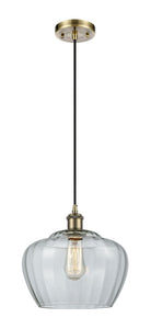 Cord Hung 11" Antique Brass Mini Pendant - Large Clear Fenton Glass LED