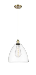 Cord Hung 12" Antique Brass Mini Pendant - Matte White Ballston Dome Glass LED