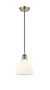 Cord Hung 7.5" Antique Brass Mini Pendant - Matte White Ballston Dome Glass LED