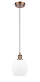 516-1P-AC-G101 Cord Hung 6" Antique Copper Mini Pendant - Matte White Belfast Glass - LED Bulb - Dimmensions: 6 x 6 x 9<br>Minimum Height : 12.75<br>Maximum Height : 130.75 - Sloped Ceiling Compatible: Yes
