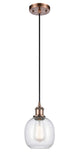 516-1P-AC-G104 Cord Hung 6" Antique Copper Mini Pendant - Seedy Belfast Glass - LED Bulb - Dimmensions: 6 x 6 x 9<br>Minimum Height : 12.75<br>Maximum Height : 130.75 - Sloped Ceiling Compatible: Yes
