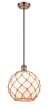 516-1P-AC-G121-10RB Cord Hung 10" Antique Copper Mini Pendant - White Large Farmhouse Glass with Brown Rope Glass - LED Bulb - Dimmensions: 10 x 10 x 13<br>Minimum Height : 15.75<br>Maximum Height : 133.75 - Sloped Ceiling Compatible: Yes