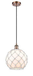 Cord Hung 10" Antique Copper Mini Pendant - White Large Farmhouse Glass with White Rope Glass LED
