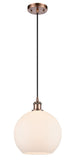 516-1P-AC-G121-10 Cord Hung 10" Antique Copper Mini Pendant - Cased Matte White Large Athens Glass - LED Bulb - Dimmensions: 10 x 10 x 13<br>Minimum Height : 15.75<br>Maximum Height : 133.75 - Sloped Ceiling Compatible: Yes