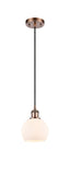 516-1P-AC-G121-6 Cord Hung 6" Antique Copper Mini Pendant - Cased Matte White Athens Glass - LED Bulb - Dimmensions: 6 x 6 x 9.875<br>Minimum Height : 12.875<br>Maximum Height : 129.875 - Sloped Ceiling Compatible: Yes