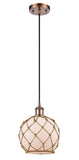 516-1P-AC-G121-8RB Cord Hung 8" Antique Copper Mini Pendant - White Farmhouse Glass with Brown Rope Glass - LED Bulb - Dimmensions: 8 x 8 x 10<br>Minimum Height : 13.75<br>Maximum Height : 131.75 - Sloped Ceiling Compatible: Yes