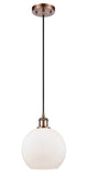 516-1P-AC-G121-8 Cord Hung 8" Antique Copper Mini Pendant - Cased Matte White Athens Glass - LED Bulb - Dimmensions: 8 x 8 x 10<br>Minimum Height : 13.75<br>Maximum Height : 131.75 - Sloped Ceiling Compatible: Yes