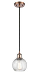516-1P-AC-G1214-6 Cord Hung 6" Antique Copper Mini Pendant - Clear Athens Twisted Swirl 6" Glass - LED Bulb - Dimmensions: 6 x 6 x 8<br>Minimum Height : 13.75<br>Maximum Height : 131.75 - Sloped Ceiling Compatible: Yes