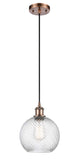 516-1P-AC-G1214-8 Cord Hung 8" Antique Copper Mini Pendant - Clear Athens Twisted Swirl 8" Glass - LED Bulb - Dimmensions: 8 x 8 x 10<br>Minimum Height : 13.75<br>Maximum Height : 131.75 - Sloped Ceiling Compatible: Yes
