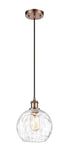 516-1P-AC-G1215-8 Cord Hung 8" Antique Copper Mini Pendant - Clear Athens Water Glass 8" Glass - LED Bulb - Dimmensions: 8 x 8 x 10<br>Minimum Height : 13.75<br>Maximum Height : 131.75 - Sloped Ceiling Compatible: Yes
