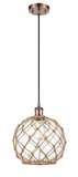 516-1P-AC-G122-10RB Cord Hung 10" Antique Copper Mini Pendant - Clear Large Farmhouse Glass with Brown Rope Glass - LED Bulb - Dimmensions: 10 x 10 x 13<br>Minimum Height : 15.75<br>Maximum Height : 133.75 - Sloped Ceiling Compatible: Yes