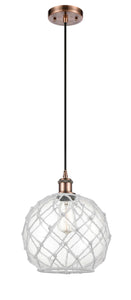 Cord Hung 10" Antique Copper Mini Pendant - Clear Large Farmhouse Glass with White Rope Glass LED