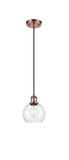 516-1P-AC-G122-6 Cord Hung 6" Antique Copper Mini Pendant - Clear Athens Glass - LED Bulb - Dimmensions: 6 x 6 x 9.875<br>Minimum Height : 12.875<br>Maximum Height : 129.875 - Sloped Ceiling Compatible: Yes