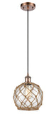 516-1P-AC-G122-8RB Cord Hung 8" Antique Copper Mini Pendant - Clear Farmhouse Glass with Brown Rope Glass - LED Bulb - Dimmensions: 8 x 8 x 10<br>Minimum Height : 13.75<br>Maximum Height : 131.75 - Sloped Ceiling Compatible: Yes