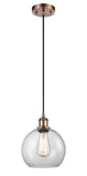 516-1P-AC-G122-8 Cord Hung 8" Antique Copper Mini Pendant - Clear Athens Glass - LED Bulb - Dimmensions: 8 x 8 x 10<br>Minimum Height : 13.75<br>Maximum Height : 131.75 - Sloped Ceiling Compatible: Yes