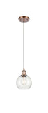 516-1P-AC-G124-6 Cord Hung 6" Antique Copper Mini Pendant - Seedy Athens Glass - LED Bulb - Dimmensions: 6 x 6 x 9.875<br>Minimum Height : 12.875<br>Maximum Height : 129.875 - Sloped Ceiling Compatible: Yes