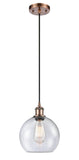 516-1P-AC-G124-8 Cord Hung 8" Antique Copper Mini Pendant - Seedy Athens Glass - LED Bulb - Dimmensions: 8 x 8 x 10<br>Minimum Height : 13.75<br>Maximum Height : 131.75 - Sloped Ceiling Compatible: Yes