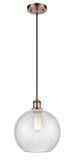 516-1P-AC-G125-10 Cord Hung 10" Antique Copper Mini Pendant - Clear Crackle Large Athens Glass - LED Bulb - Dimmensions: 10 x 10 x 13<br>Minimum Height : 15.75<br>Maximum Height : 133.75 - Sloped Ceiling Compatible: Yes