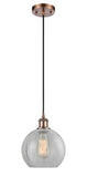 516-1P-AC-G125-8 Cord Hung 8" Antique Copper Mini Pendant - Clear Crackle Athens Glass - LED Bulb - Dimmensions: 8 x 8 x 10<br>Minimum Height : 13.75<br>Maximum Height : 131.75 - Sloped Ceiling Compatible: Yes