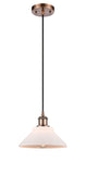 516-1P-AC-G131 Cord Hung 8.375" Antique Copper Mini Pendant - Matte White Orwell Glass - LED Bulb - Dimmensions: 8.375 x 8.375 x 6.5<br>Minimum Height : 10.75<br>Maximum Height : 128.75 - Sloped Ceiling Compatible: Yes