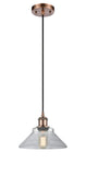516-1P-AC-G132 Cord Hung 8.375" Antique Copper Mini Pendant - Clear Orwell Glass - LED Bulb - Dimmensions: 8.375 x 8.375 x 6.5<br>Minimum Height : 10.75<br>Maximum Height : 128.75 - Sloped Ceiling Compatible: Yes