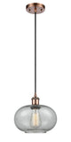 516-1P-AC-G247 Cord Hung 9.5" Antique Copper Mini Pendant - Charcoal Gorham Glass - LED Bulb - Dimmensions: 9.5 x 9.5 x 11<br>Minimum Height : 13.75<br>Maximum Height : 131.75 - Sloped Ceiling Compatible: Yes