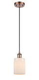516-1P-AC-G341 Cord Hung 4.5" Antique Copper Mini Pendant - Matte White Hadley Glass - LED Bulb - Dimmensions: 4.5 x 4.5 x 8<br>Minimum Height : 12.75<br>Maximum Height : 130.75 - Sloped Ceiling Compatible: Yes