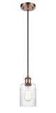 516-1P-AC-G342 Cord Hung 4.5" Antique Copper Mini Pendant - Clear Hadley Glass - LED Bulb - Dimmensions: 4.5 x 4.5 x 8<br>Minimum Height : 12.75<br>Maximum Height : 130.75 - Sloped Ceiling Compatible: Yes