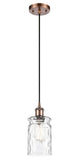 516-1P-AC-G352 Cord Hung 4.75" Antique Copper Mini Pendant - Clear Waterglass Candor Glass - LED Bulb - Dimmensions: 4.75 x 4.75 x 9.5<br>Minimum Height : 13.75<br>Maximum Height : 131.75 - Sloped Ceiling Compatible: Yes