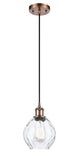 516-1P-AC-G362 Cord Hung 6" Antique Copper Mini Pendant - Clear Small Waverly Glass - LED Bulb - Dimmensions: 6 x 6 x 9<br>Minimum Height : 12.75<br>Maximum Height : 130.75 - Sloped Ceiling Compatible: Yes