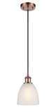 516-1P-AC-G381 Cord Hung 6" Antique Copper Mini Pendant - White Castile Glass - LED Bulb - Dimmensions: 6 x 6 x 9<br>Minimum Height : 12.75<br>Maximum Height : 130.75 - Sloped Ceiling Compatible: Yes