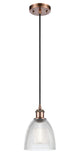 516-1P-AC-G382 Cord Hung 6" Antique Copper Mini Pendant - Clear Castile Glass - LED Bulb - Dimmensions: 6 x 6 x 9<br>Minimum Height : 12.75<br>Maximum Height : 130.75 - Sloped Ceiling Compatible: Yes