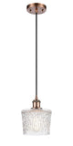 516-1P-AC-G402 Cord Hung 6.5" Antique Copper Mini Pendant - Clear Niagra Glass - LED Bulb - Dimmensions: 6.5 x 6.5 x 8.5<br>Minimum Height : 11.25<br>Maximum Height : 129.25 - Sloped Ceiling Compatible: Yes