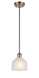 516-1P-AC-G411 Cord Hung 5.5" Antique Copper Mini Pendant - White Dayton Glass - LED Bulb - Dimmensions: 5.5 x 5.5 x 8.5<br>Minimum Height : 12.75<br>Maximum Height : 130.75 - Sloped Ceiling Compatible: Yes