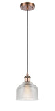 516-1P-AC-G412 Cord Hung 5.5" Antique Copper Mini Pendant - Clear Dayton Glass - LED Bulb - Dimmensions: 5.5 x 5.5 x 8.5<br>Minimum Height : 12.75<br>Maximum Height : 130.75 - Sloped Ceiling Compatible: Yes
